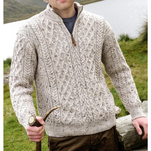 Aran Crafts Other - Aran Crafts Men's Half Zip Sweater Oatmeal Speckled Cable Knit Wool Pullover L